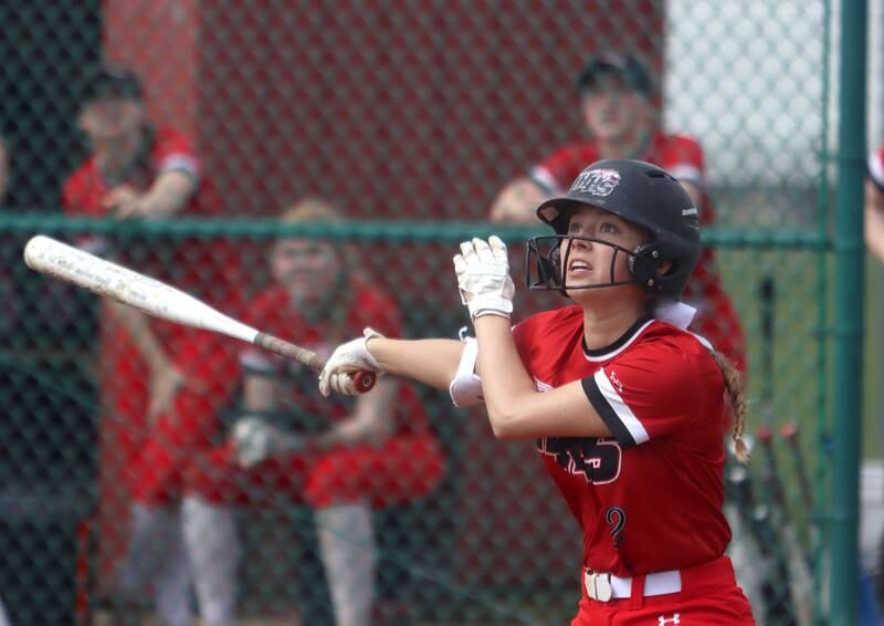 Huntley’s Reese Hunkins makes contact against St. Charles East during varsity softball at Marengo Saturday morning.