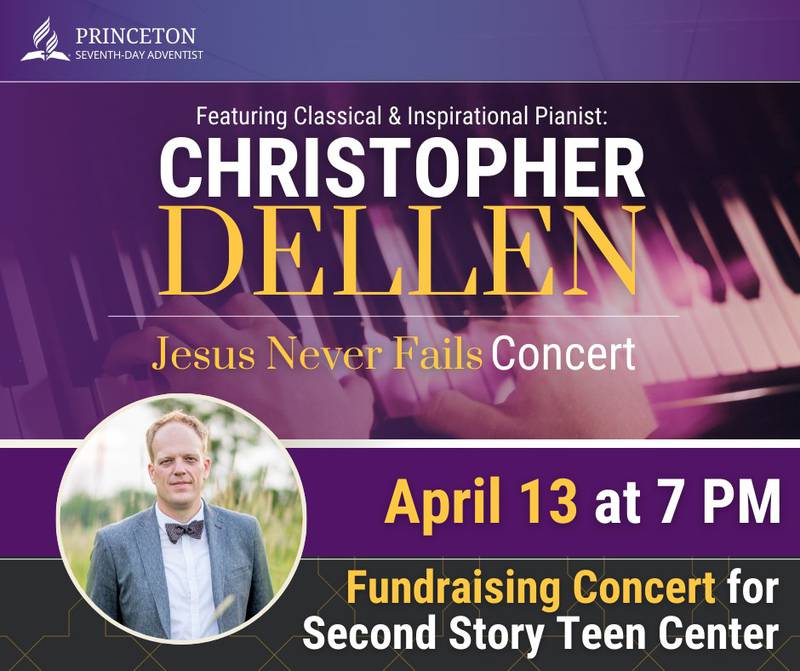 Classical and inspirational pianist Christopher Dellen will perform the Jesus Never Fails concert 7 p.m. Saturday, April 13, at the Princeton Seventh Day Adventist Church, 20018 County Rd 1950 N.