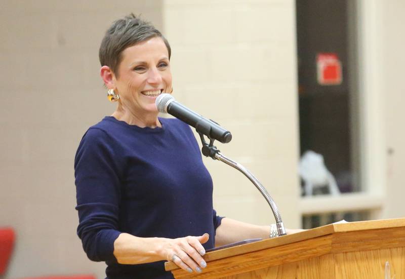 Ladd Grade School superintendent Dana Carver, speaks during an unveiling ceremony of a 1890 school bell on Monday, May 19, 2025 at Ladd Grade School.