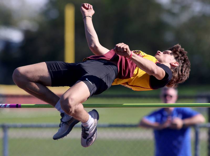 Richmond-Burton’s Nate Moreno competes in the high jump in KRC Conference Track Meet action at Richmond-Burton High School in Richmond on Tuesday, May 13, 2025.