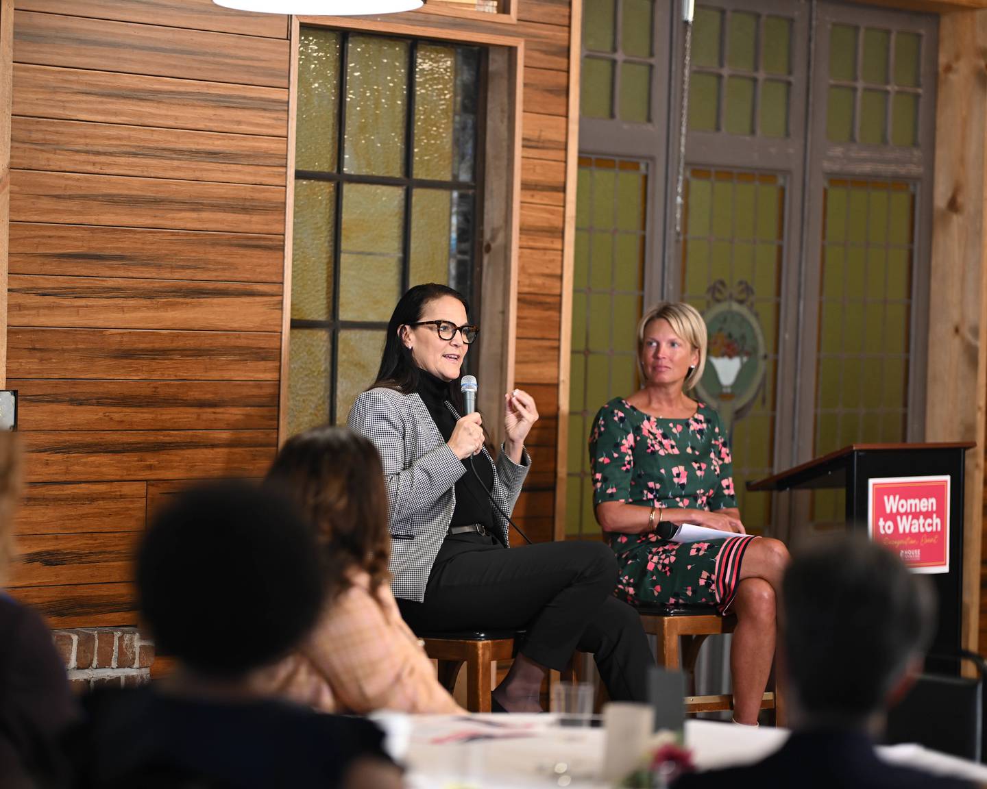 Illinois House Minority Leader Tony McCombie (right) and the Iowa Lt. Gov. Chris Gearhart Cournoyer speak at the Women to Watch conference on April 22, 2026, in Springfield.