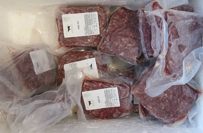 A view of one of several coolers full of beef that Macy Michelini of Peru, donated on Wednesday, June 25, 2025 at the Hall Township Food Pantry in Spring Valley.. Michelini donated a full cow with 400 pounds of beef to the food pantry through her"Beef Kind and Healthy" distribution.