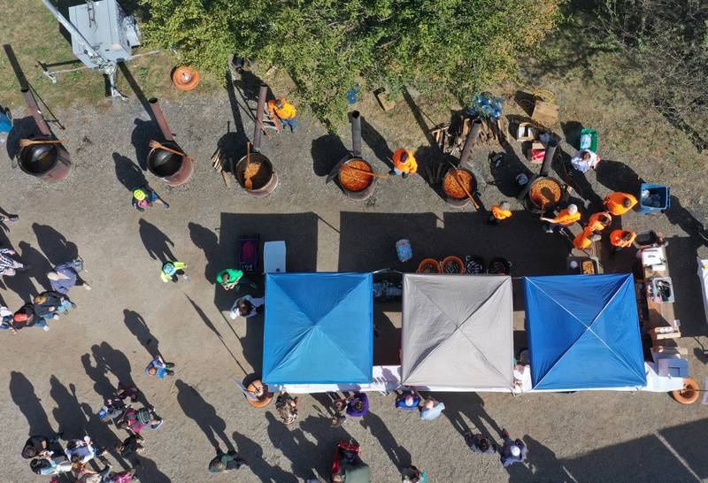 An aerial view of the burgoo kettles during the 54th annual Burgoo festival on Sunday, Oct. 13, 2024 downtown Utica.