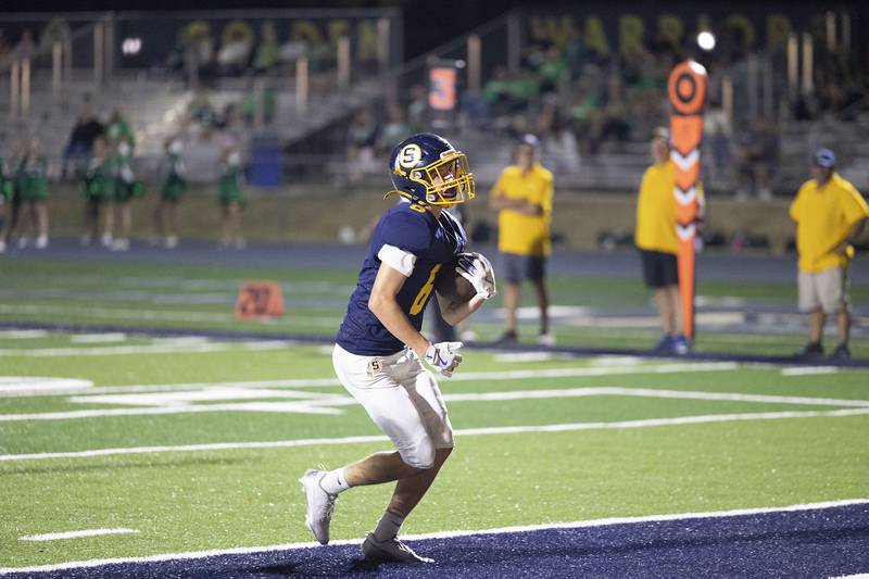 Sterling’s Cale Nettleton crosses the end zone for a second half touchdown against Alleman Friday, Oct. 3, 2025.