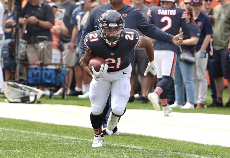 Chicago Bears running back Darrynton Evans warms up before the Bears take on the Kansas City Chiefs Sunday, Aug. 13, 2022, at Soldier Field in Chicago. The Bears beat the Kansas City Chiefs 19-14.