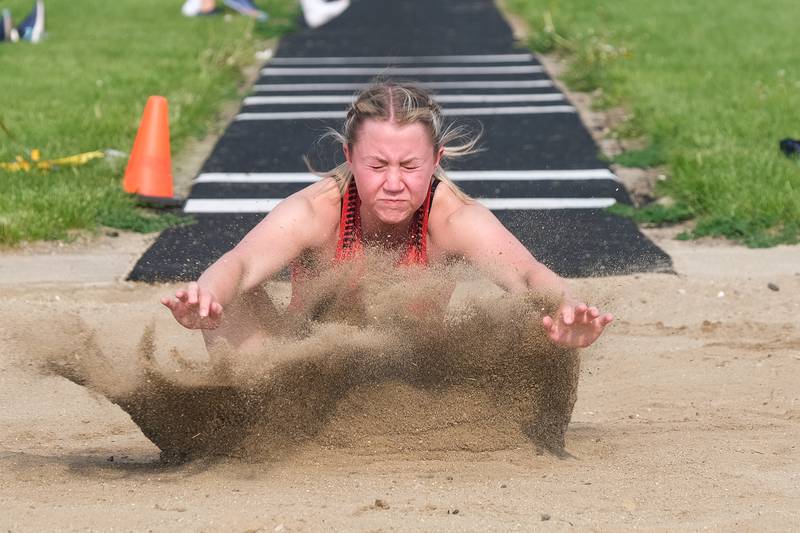 Lincoln-Way Central’s Kaitlyn Hutchinson competes in the long jump at the Class 3A Minooka Girls Sectionals. Wednesday, May 11, 2022, in Minooka.