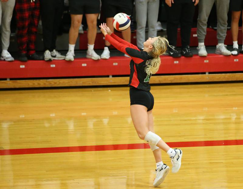 L-P's Ava Lambert saves the ball from going out of bounce against Ottawa on Tuesday, Oct. 17, 2023 at Sellett Gymnasium.