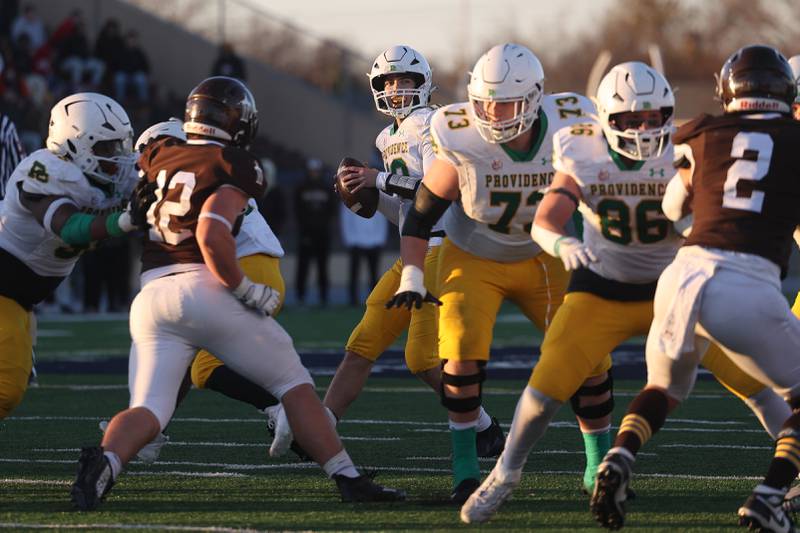 Providence’s Leo Slepski looks to pass against Joliet Catholic in the Class 5A semifinal on Saturday, Nov. 18, 2023, in Joliet.
