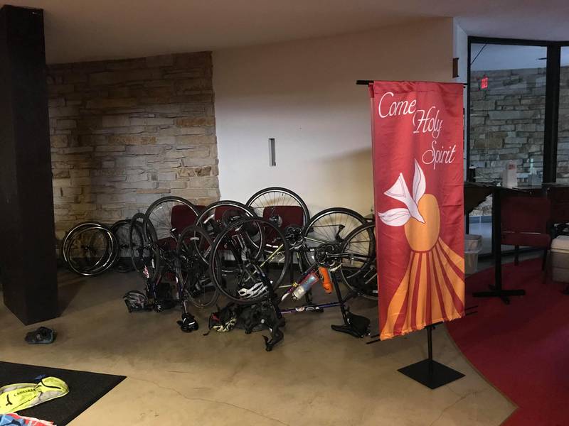 Pictured: Ulman Foundation's 4K for Cancer ride participants bikes in church sanctuary during 2019 visit