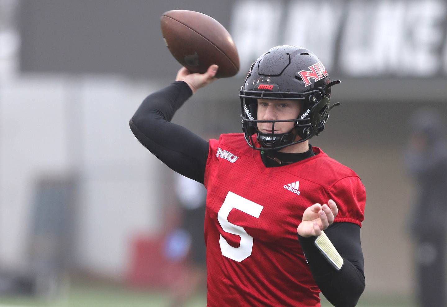 Northern Illinois University quarterback  	Justin Lynch throws a pass during spring practice Wednesday, March 23, 2022, in Huskie Stadium at NIU in DeKalb.