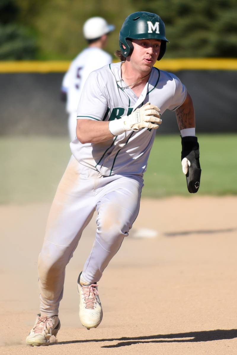 Bishop McNamara's Dom Panozzo runs the bases during McNamara's game at Kankakee Friday, May 9, 2025.