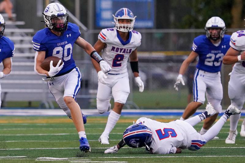 Geneva’s Bennett Konkey (80) returns a kick-off for a touchdown against Larkin during a football game at Geneva High School on Friday, Aug 30, 2024.