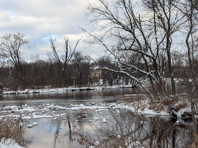 Snow lined the trees along the shore of the Fox River next to Hudson Crossing Park in downtown Oswego on Sunday, Nov. 30, 2025.