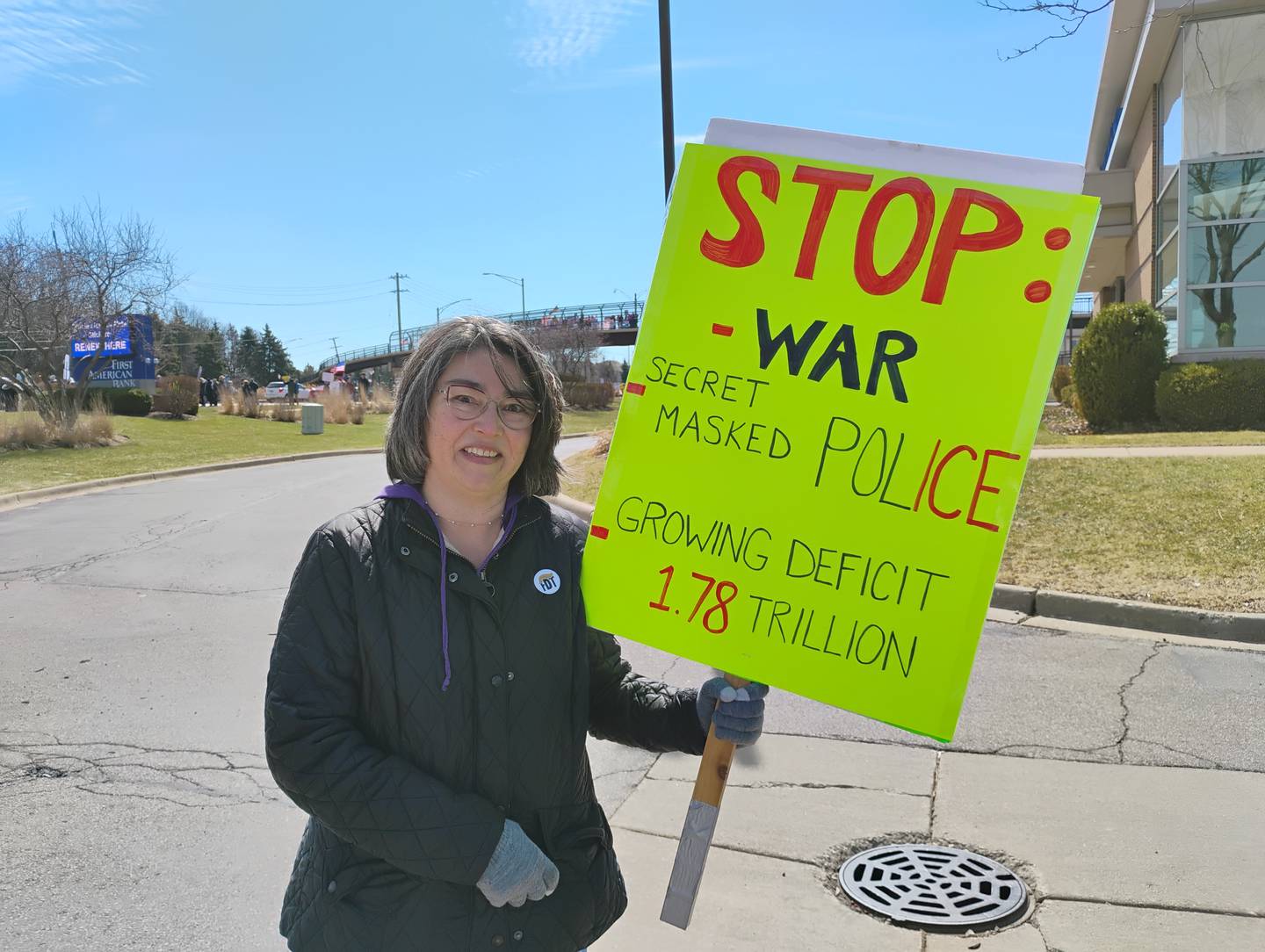 Campton Hills resident Cathy Nails on her way to the No Kings rally Saturday, March 28, at Silver Glen and Randall roads in South Elgin. This and other rallies were coordinated across the U.S. to protest President Trump and his administration.