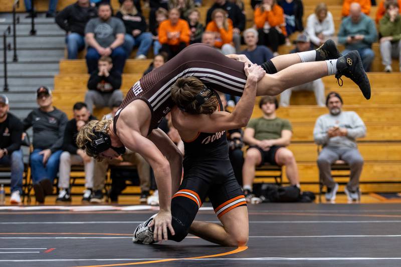 Joliet Catholic’s Andrew Staab and Lincoln-Way West’s Haden Anderson compete in the 150 pound match at Lincoln-Way West on Jan. 8, 2026.