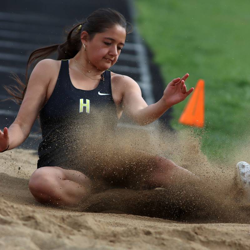 Harvard’s Genah Arias competes in the long jump during KRC Conference Track Meet action at Marengo High School in Marengo on Tuesday, May 6, 2025.