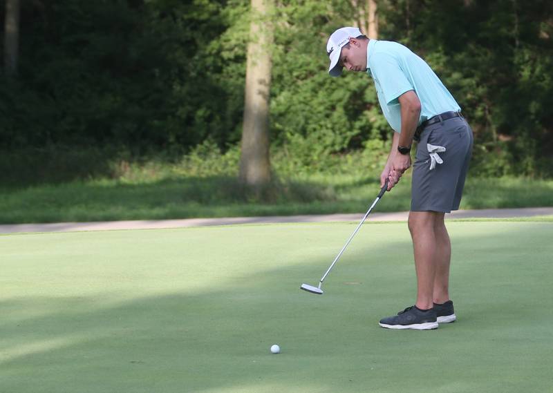 Nathan Potthoff puts during the Illinois Valley Mens Golf Championship Tournament on Sunday, July 27, 2025 at Spring Creek Golf Course in Spring Valley. Potthoff finished first in the A Class division.