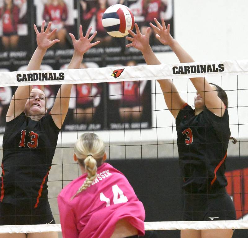 Fulton's Haley Smither (13) and Kerby Germann (3) block a hit by Stillman Valleuy's Avalyn Jansen at the Stillman Valley Tournament on Saturday, Oct. 25, 2025 at Stillman Valley High School.