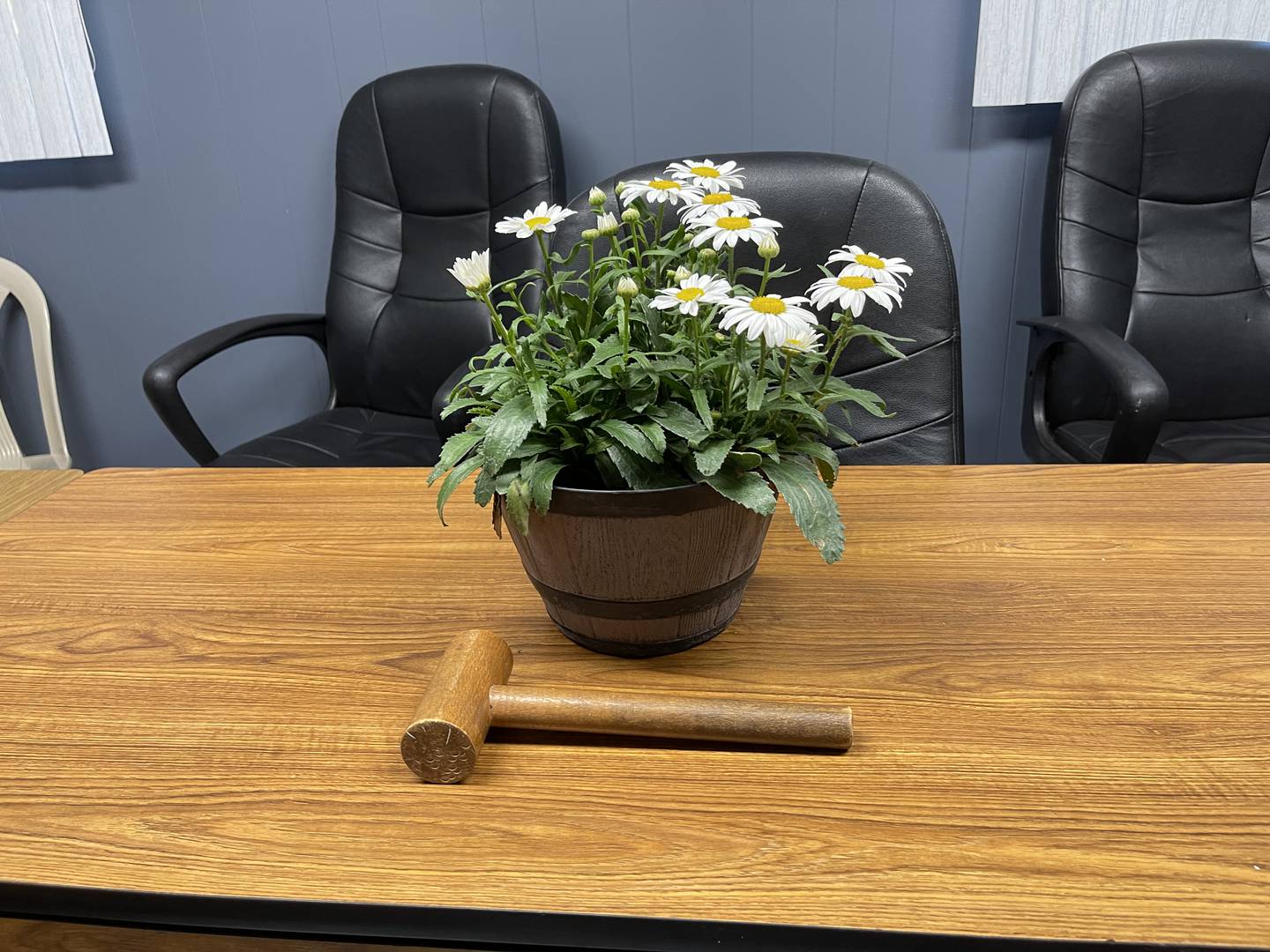 A pot of flowers with the meeting's gavel is laid in front the seat of former Holiday Hills Village President Lou French on Wednesday, Aug. 3, 2022. French died earlier this week, prompting the village to hold a special meeting to both honor him and fill his vacancy.