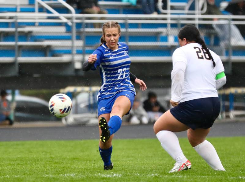 Princeton's Ava Kyle takes a kick against Sterling's Michelle Diaz Thursday at Bryant Field. The Tigresses won 3-1.