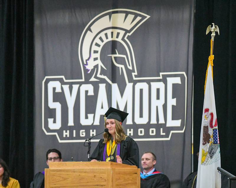 Valedictorian Elizabeth McConkie speaks on Sunday, May 25, 2025, during the Class of 2025 Commencement ceremony at the high school.