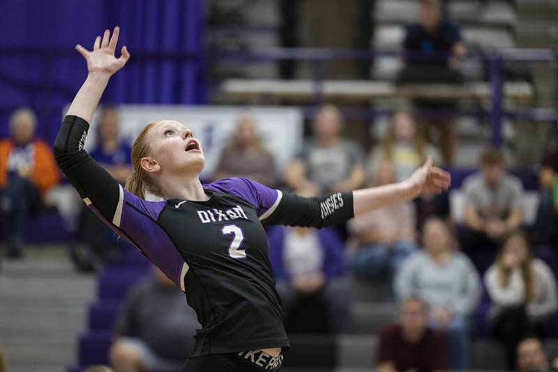 Dixon’s Madyson Tichler goes up for a kill against L-P Tuesday, Oct. 29, 2024, at the class 3A regional semifinal in Dixon.