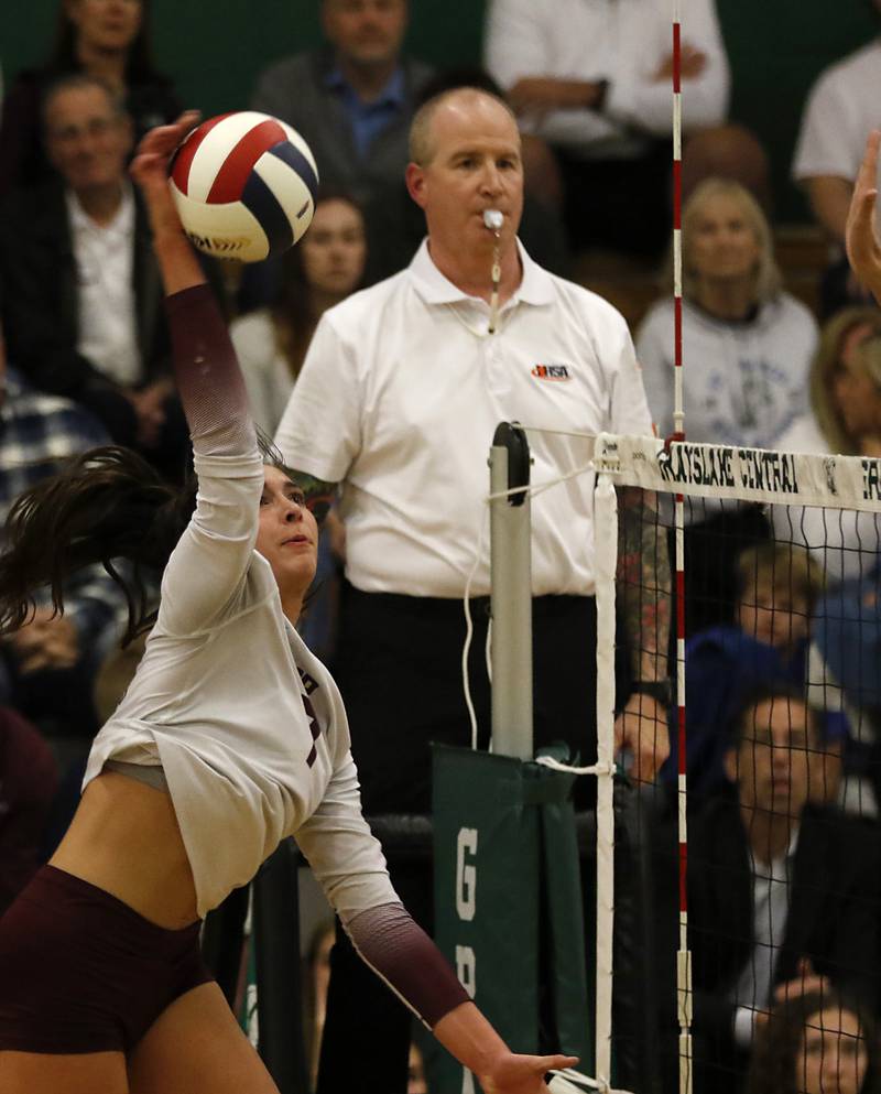 Prairie Ridge's Maizy Agnello spikes the ball during the IHSA Class 3A Grayslake Central Supersectional volleyball match against St. Francis on Monday, Nov. 11, 2024, at Grayslake Central High School.