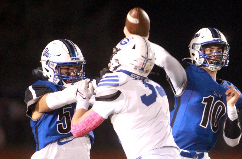 St. Charles North quarterback Ethan Plumb throws the ball during a game against Geneva in St. Charles on Friday, Oct. 20, 2023.