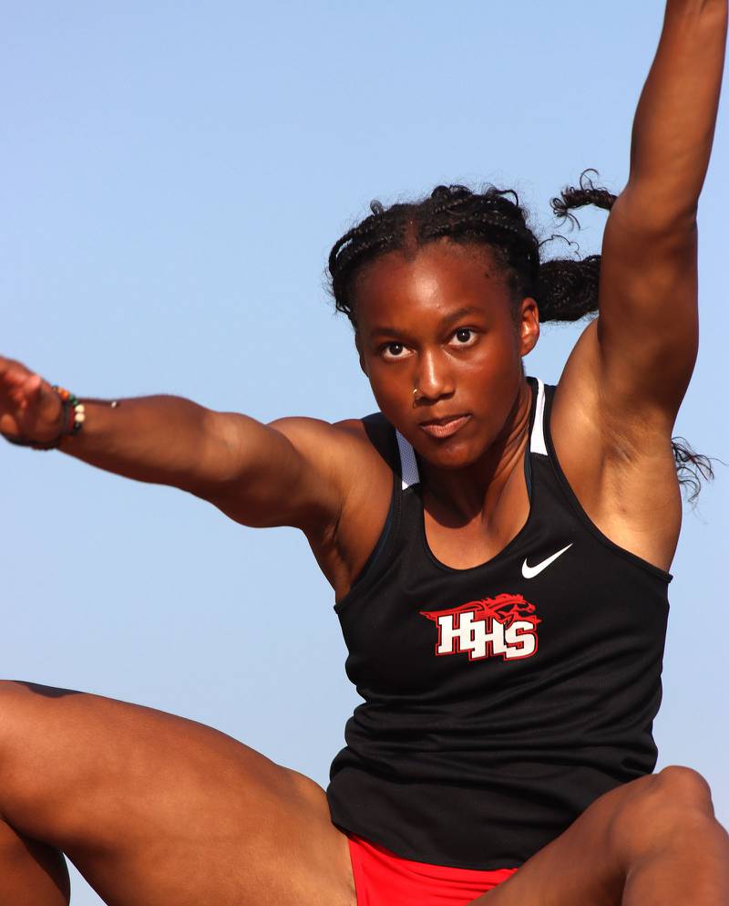 Huntley’s Dominique Johnson competes in the long jump in IHSA Class 3A Girls Sectional Track and Field Meet action at Red Raider Stadium on the campus of Huntley High School in Huntley on Wednesday, May 14, 2025.