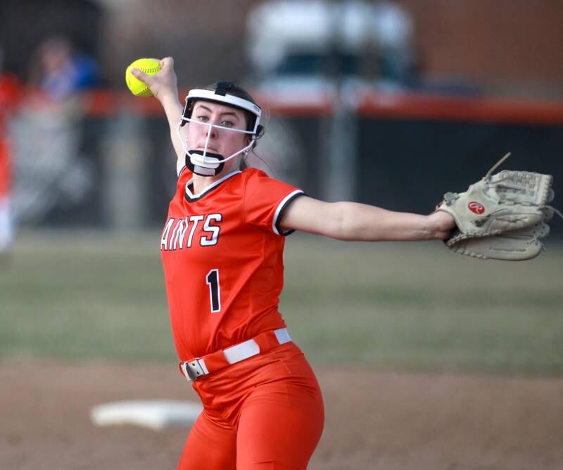 St. Charles East's Makayla Van Dinther pitches during a game against Downers Grove North on Friday, March 28, 2025 in St. Charles.