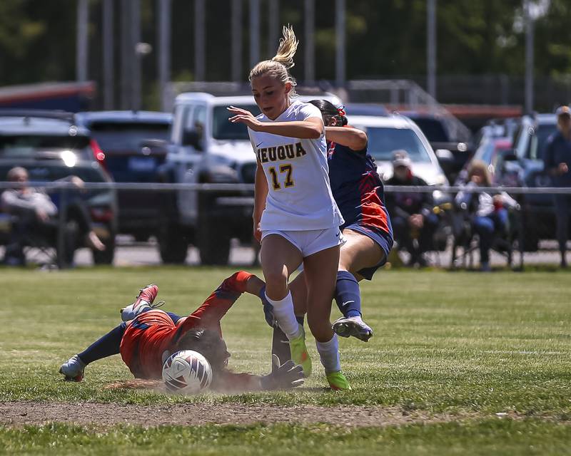 Neuqua Valley's Brooke Loudermilk (17) kicks a loose ball into the goal for a score during Class 3A regional final soccer match between Neuqua Valley at Oswego on Saturday, May 23, 2026 in Oswego.