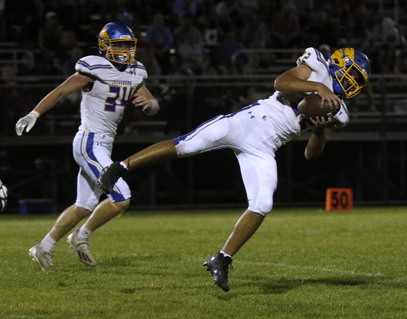 Johnsburg's Keegan McKinney intercepts a pass during a non-conference football game Friday, Sept. 2, 2022, between Marian Central and Johnsburg at Marian Central High School.