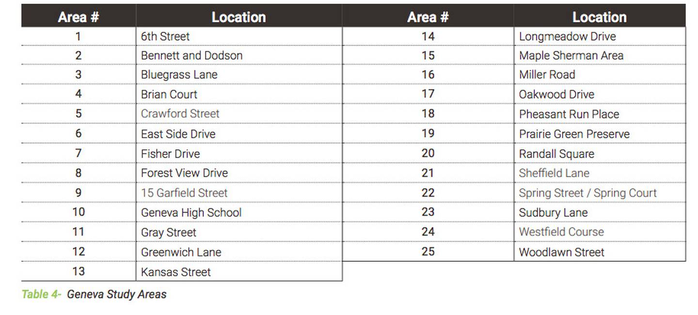 Twenty-five Geneva streets are identified in an engineering study of storm water drainage as needing infrastructure improvements to prevent standing water and ponding.