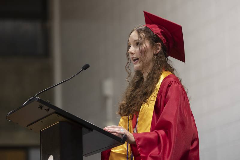 Student speaker Emma Oswalt speaks to the crowd Friday, May 9, 2025, during SVCC’s commencement.