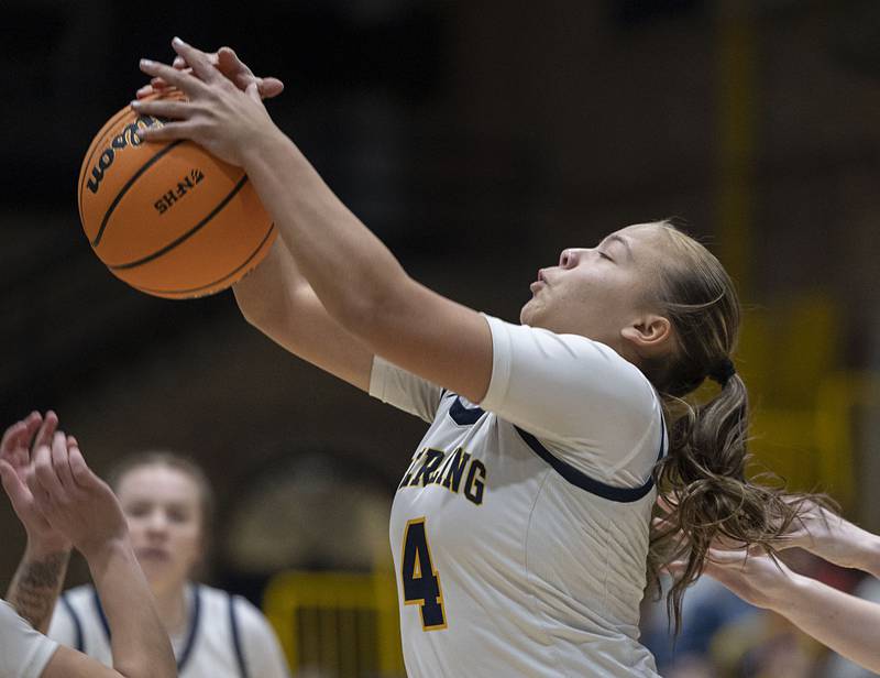 Sterling’s Layla Wright hauls down a rebound against Rochelle Tuesday, Jan. 6, 2026.