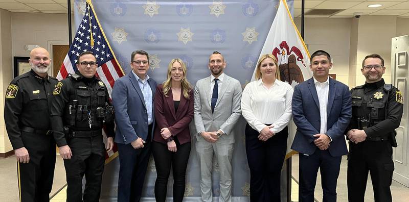 From left to right: Kendall County Sheriff Dwight Baird, Deputy Commander Kevin Vaclavik, Deputy Andrew Griffin, Deputy Danielle Quirk, Deputy Kevin Frazier, Deputy Mykayla Pacewic, Deputy Raul Hernandez and Deputy Commander Caleb Waltmire.