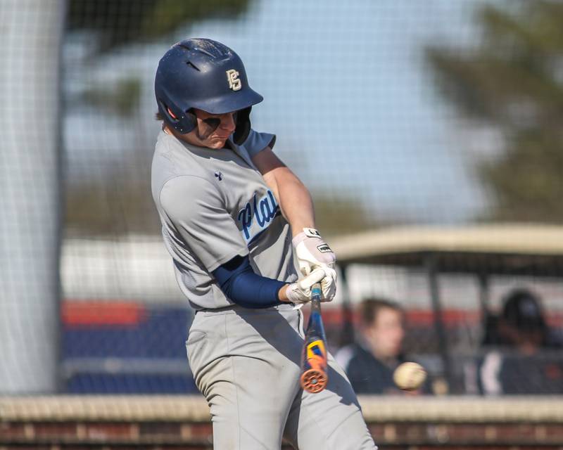 Plainfield South's Matthew Rogers (5) swings at a pitch during baseball game between Plainfield South at Oswego on Monday, April 14, 2025 in Oswego.