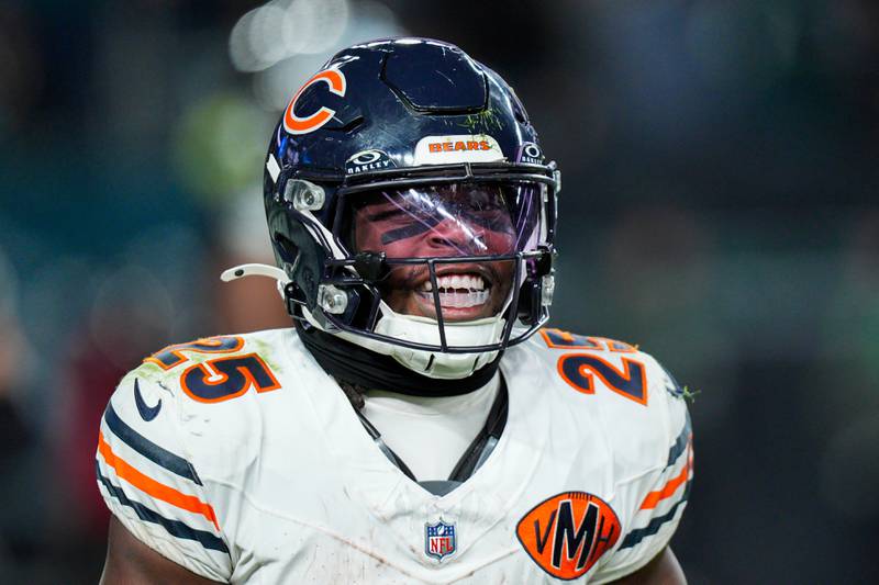 Chicago Bears running back Kyle Monangai (25) celebrates his touchdown during the second half of an NFL football game against the Philadelphia Eagles, Friday, Nov. 28, 2025, in Philadelphia. (AP Photo/Chris Szagola)