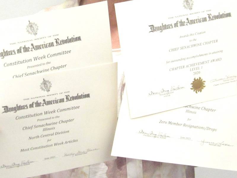 The Chief Senachwine Daughters of the American Revolution Chapter has received news that its members were awarded recognition certificates during Continental Congress, the national conference held from June 29 through July 3, in Washington, D.C.