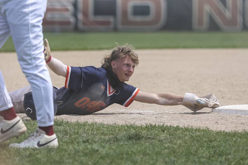 Oswego's TJ Harazin (10) reacts after being tagged out at third base during Class 4A Plainfield North Regional final baseball game between Oswego at Plainfield North. Saturday, May 31, 2025 in Plainfield.
