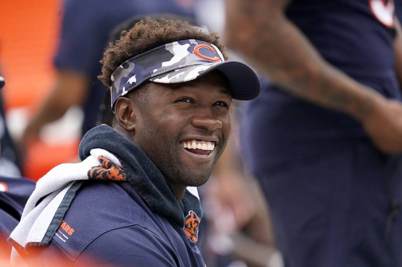 Chicago Bears linebacker Roquan Smith smiles on the bench during a preseason game against the Kansas City Chiefs, Saturday, Aug. 13, 2022, in Chicago.