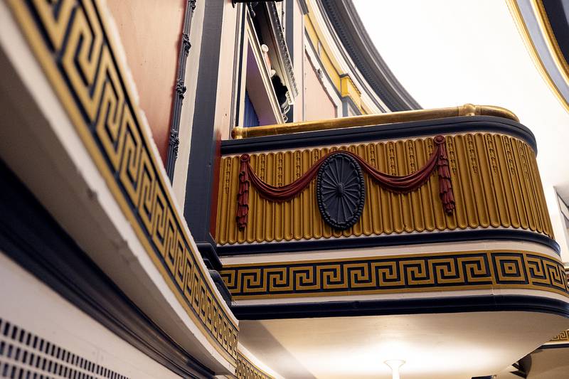 New paint is seen on the walls, ceiling and boxes of The Dixon Tuesday, Feb. 18, 2025. The theater took what limited information they could find of the color scheme to match the original decor.