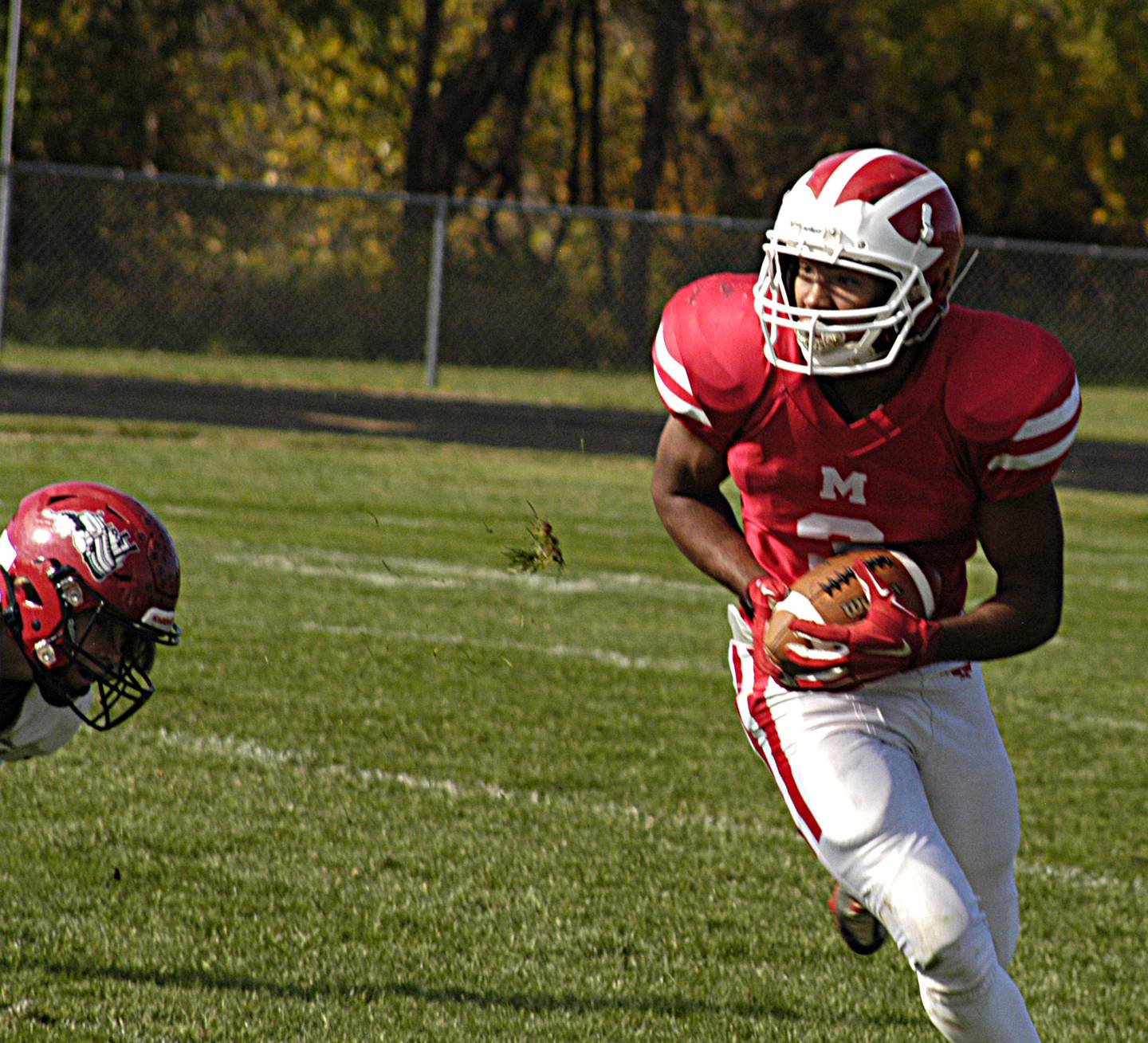 Morrison's Daeshaun McQueen runs the ball upfield Saturday, Oct. 28, 2023 in round one of the Class 1A football playoffs.