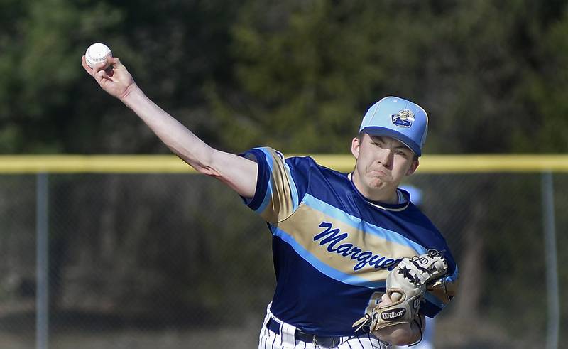 Marquette starting pitcher Carson Zellers let's go with a pitch Tuesday against Henry-Senachwine on Tuesday, April 11, 2023 in Ottawa.