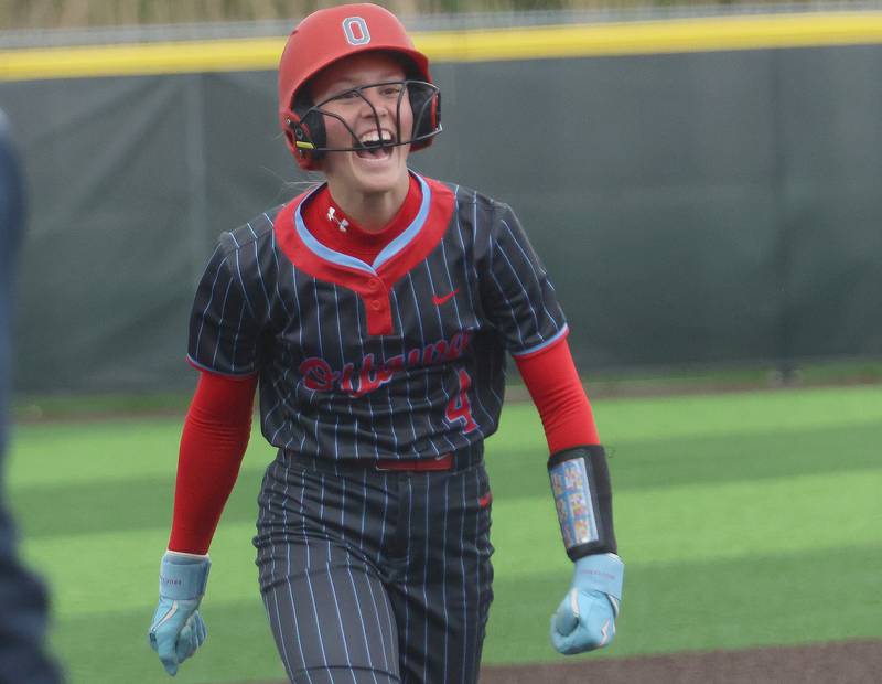 Ottawa's Teagan Darif reacts afterr hitting her first home run against Seneca on Friday, May 1, 2026 at Seneca High School.