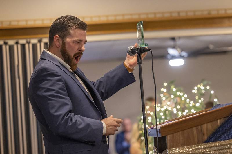 Brent Reuter whoops it up after receiving one of the 4 Under 40 awards Friday, April 4, 2025, during Discover Dixon’s Best of Dixon gala.