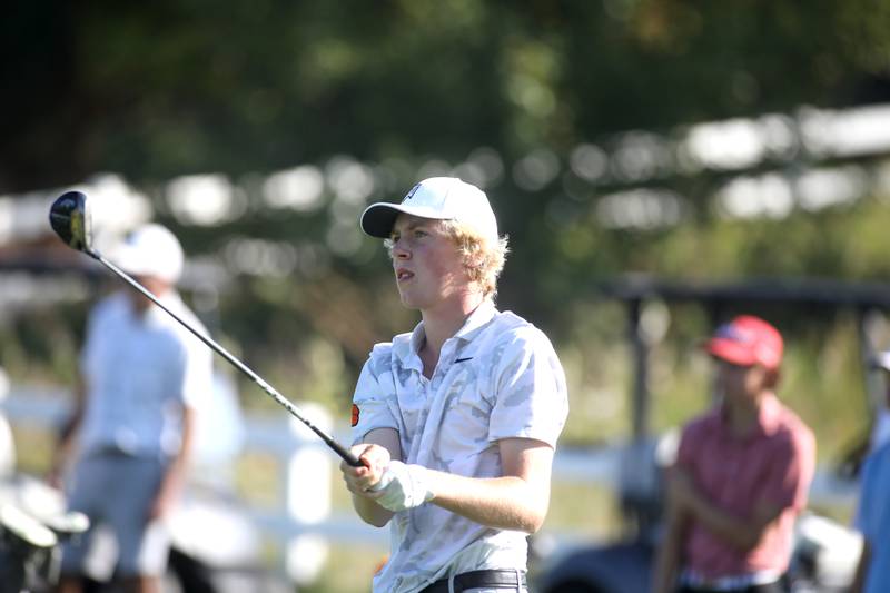 Wheaton Warrenville South’s Charlie Gilligan tees off during the Class 3A Plainfield North Boys Golf Sectional at Whitetail Ridge Golf Course in Yorkville on Monday, Oct. 2, 2023.
