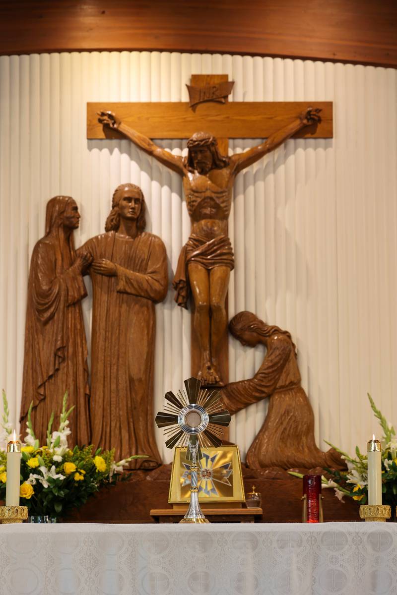 The Eucharist, or the Blessed Sacrament, is displayed in St. John Paul II Catholic Church as part of the National Eucharistic Pilgrimage on Sunday, May 18, 2025.