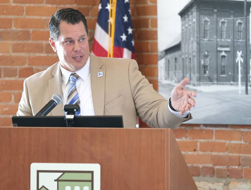 Brian Gregory, DeKalb County administrator, talks during the State of the Community address Thursday, May 11, 2023, in the DeKalb County Community Foundation Freight Room in Sycamore, about the progress made in the past year as well as current challenges facing the county. The event was hosted by the Sycamore Chamber of Commerce.