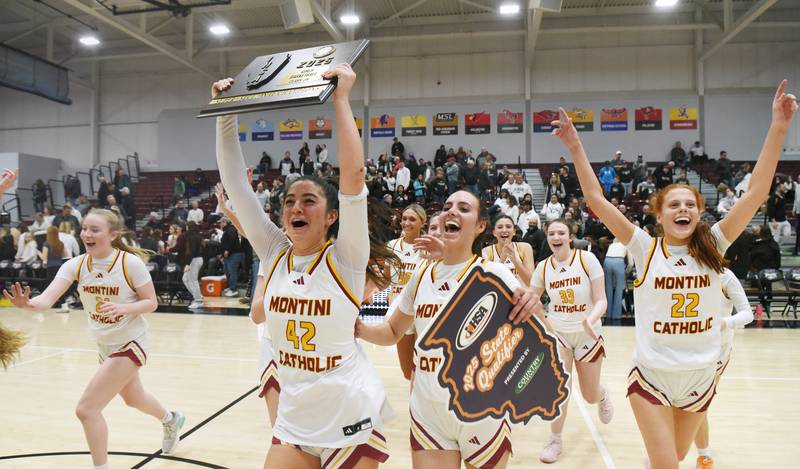 Montini players including Natalie Gartlan, second from left, Nicolette Kerstein, middle and Audrey Kinney celebrate their 51-45 victory over Grayslake Central during the Hersey Class 3A supersectional on Monday, March 3, 2025 in Arlington Heights.